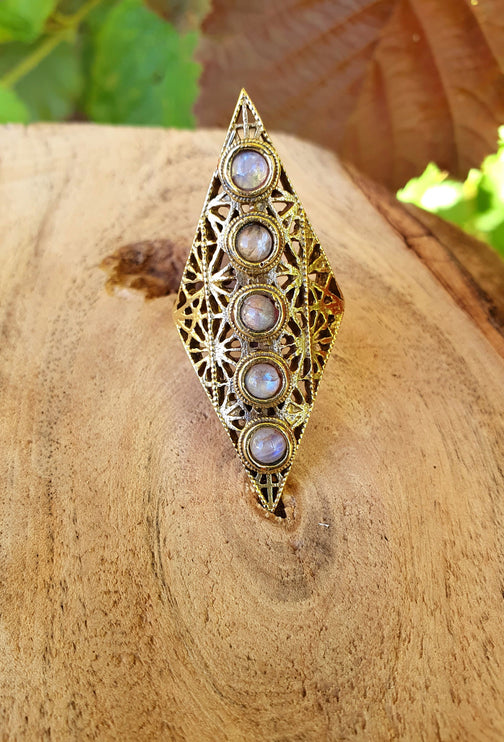 Golden Moonstone Ring Geometric Diamond Shape / Brass / Large /Boho / Ethnic / Rustic / Tribal / Gypsy / Festival / Indian / Festival