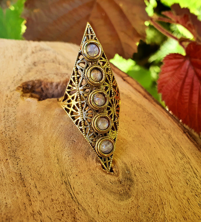 Golden Moonstone Ring Geometric Diamond Shape / Brass / Large /Boho / Ethnic / Rustic / Tribal / Gypsy / Festival / Indian / Festival