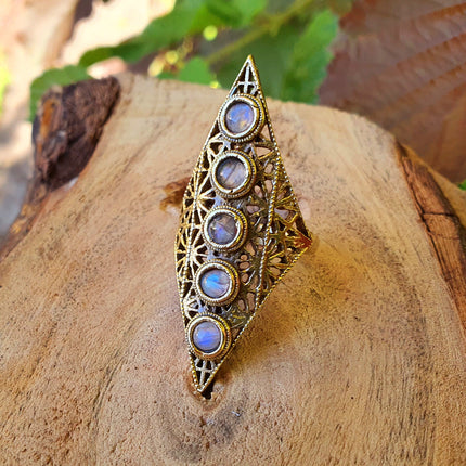 Golden Moonstone Ring Geometric Diamond Shape / Brass / Large /Boho / Ethnic / Rustic / Tribal / Gypsy / Festival / Indian / Festival