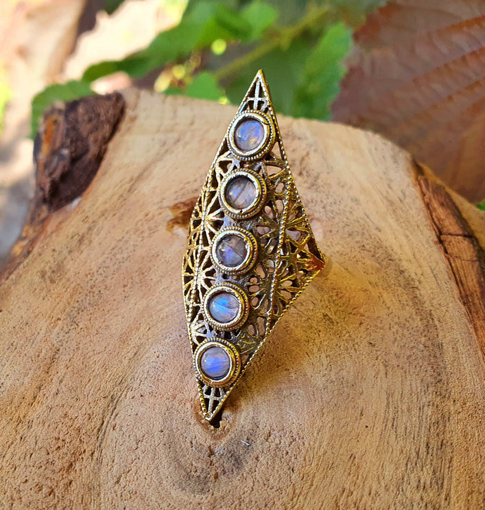 Golden Moonstone Ring Geometric Diamond Shape / Brass / Large /Boho / Ethnic / Rustic / Tribal / Gypsy / Festival / Indian / Festival