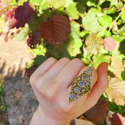 Golden Moonstone Ring Geometric Diamond Shape / Brass / Large /Boho / Ethnic / Rustic / Tribal / Gypsy / Festival / Indian / Festival