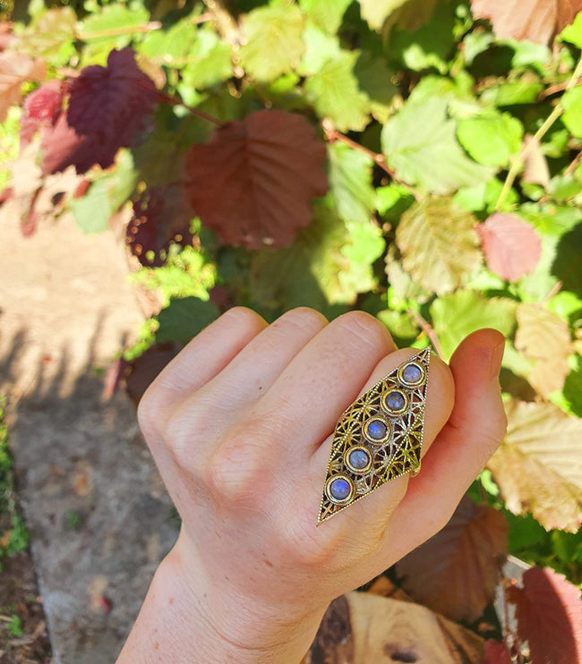 Golden Moonstone Ring Geometric Diamond Shape / Brass / Large /Boho / Ethnic / Rustic / Tribal / Gypsy / Festival / Indian / Festival