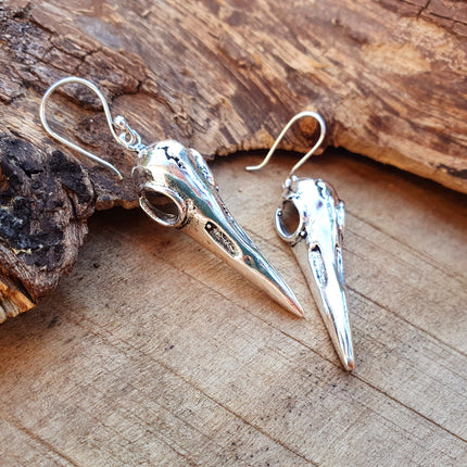 Silver Raven Skull Earrings / Bird Skull / Viking / Nordic / Gothic / Punk / Taxidermy / Witchcraft / Drop Earrings / Animal Earrings