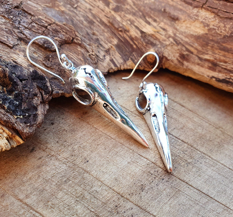 Silver Raven Skull Earrings / Bird Skull / Viking / Nordic / Gothic / Punk / Taxidermy / Witchcraft / Drop Earrings / Animal Earrings