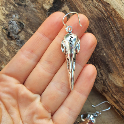 Silver Raven Skull Earrings / Bird Skull / Viking / Nordic / Gothic / Punk / Taxidermy / Witchcraft / Drop Earrings / Animal Earrings