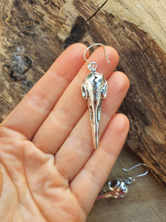 Silver Raven Skull Earrings / Bird Skull / Viking / Nordic / Gothic / Punk / Taxidermy / Witchcraft / Drop Earrings / Animal Earrings