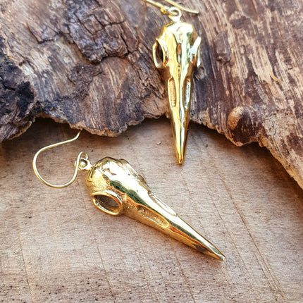 Gold Raven Skull Earrings / Bird Skull / Viking / Nordic / Gothic / Punk / Taxidermy / Witchcraft / Drop Earrings / Animal Earrings