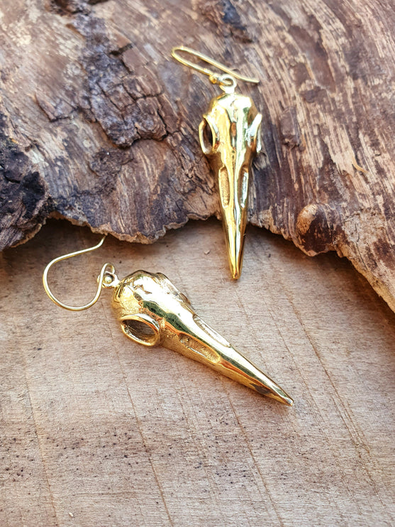 Gold Raven Skull Earrings / Bird Skull / Viking / Nordic / Gothic / Punk / Taxidermy / Witchcraft / Drop Earrings / Animal Earrings