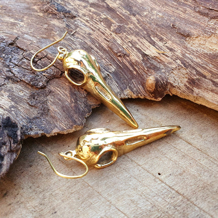 Gold Raven Skull Earrings / Bird Skull / Viking / Nordic / Gothic / Punk / Taxidermy / Witchcraft / Drop Earrings / Animal Earrings