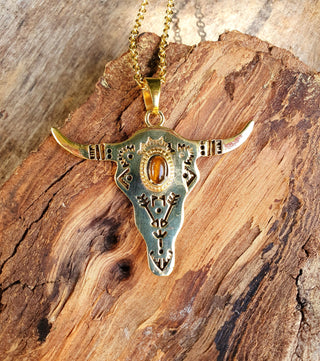 Cow Pendant Necklace Tiger Eye Brass, Stainless Steel Chain, Boho Gift for Her