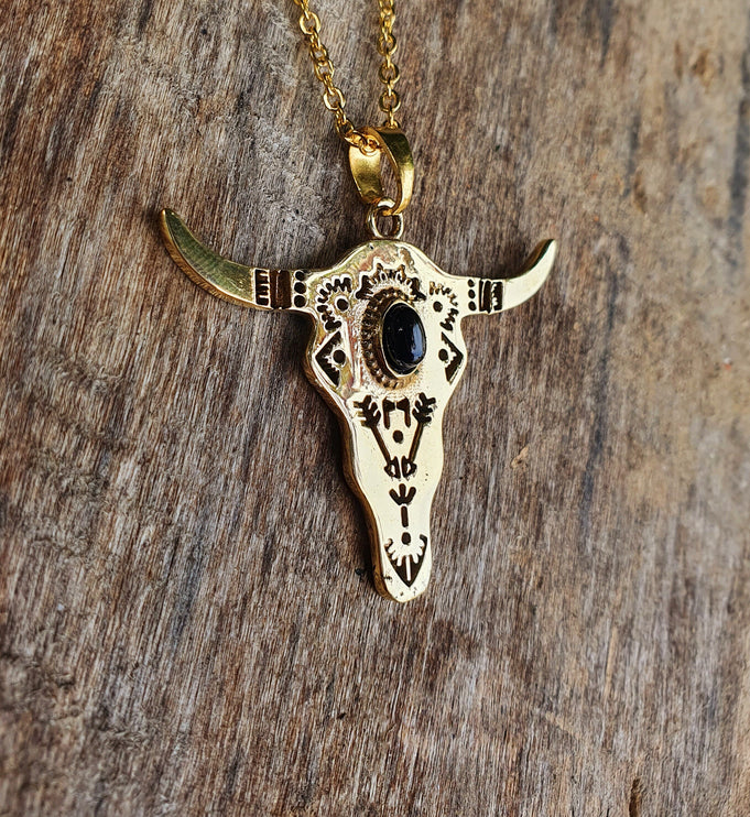 Golden Cow Necklace / Black Onyx / Talisman / Native American / Third Eye / Hypoallergenic / Brass / Boho / Inca / Ethnic / Illuminati