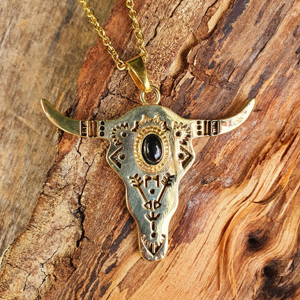 Golden Cow Necklace / Black Onyx / Talisman / Native American / Third Eye / Hypoallergenic / Brass / Boho / Inca / Ethnic / Illuminati