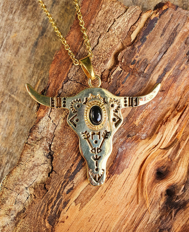 Golden Cow Necklace / Black Onyx / Talisman / Native American / Third Eye / Hypoallergenic / Brass / Boho / Inca / Ethnic / Illuminati