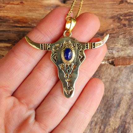 Golden Cow Necklace / Lapis Lazuli / Talisman / Native American / Third Eye / Hypoallergenic / Brass / Boho / Inca / Ethnic / Illuminati