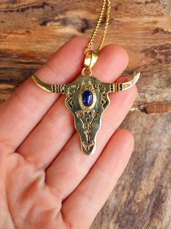 Golden Cow Necklace / Lapis Lazuli / Talisman / Native American / Third Eye / Hypoallergenic / Brass / Boho / Inca / Ethnic / Illuminati