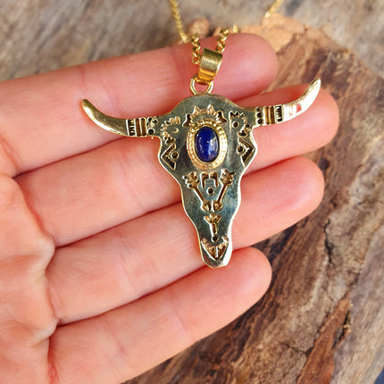 Golden Cow Necklace / Lapis Lazuli / Talisman / Native American / Third Eye / Hypoallergenic / Brass / Boho / Inca / Ethnic / Illuminati