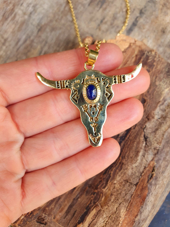 Golden Cow Necklace / Lapis Lazuli / Talisman / Native American / Third Eye / Hypoallergenic / Brass / Boho / Inca / Ethnic / Illuminati