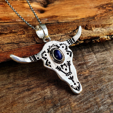 Silver Cow Necklace / Lapis Lazuli / Talisman / Native American / Third Eye / Hypoallergenic / Brass / Boho / Inca / Ethnic / Illuminati