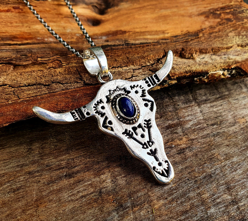 Silver Cow Necklace / Lapis Lazuli / Talisman / Native American / Third Eye / Hypoallergenic / Brass / Boho / Inca / Ethnic / Illuminati