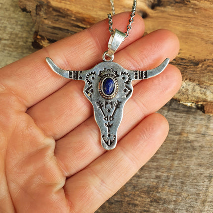 Silver Cow Necklace / Lapis Lazuli / Talisman / Native American / Third Eye / Hypoallergenic / Brass / Boho / Inca / Ethnic / Illuminati