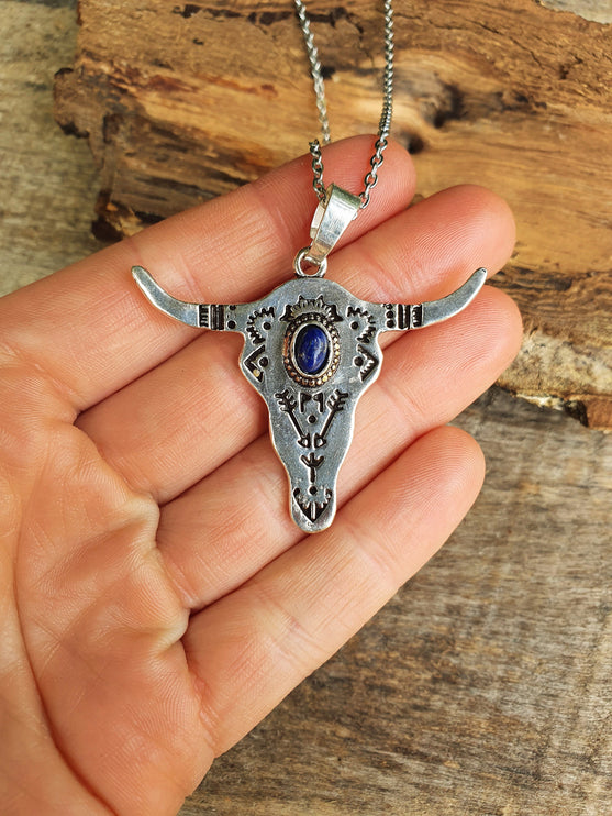 Silver Cow Necklace / Lapis Lazuli / Talisman / Native American / Third Eye / Hypoallergenic / Brass / Boho / Inca / Ethnic / Illuminati