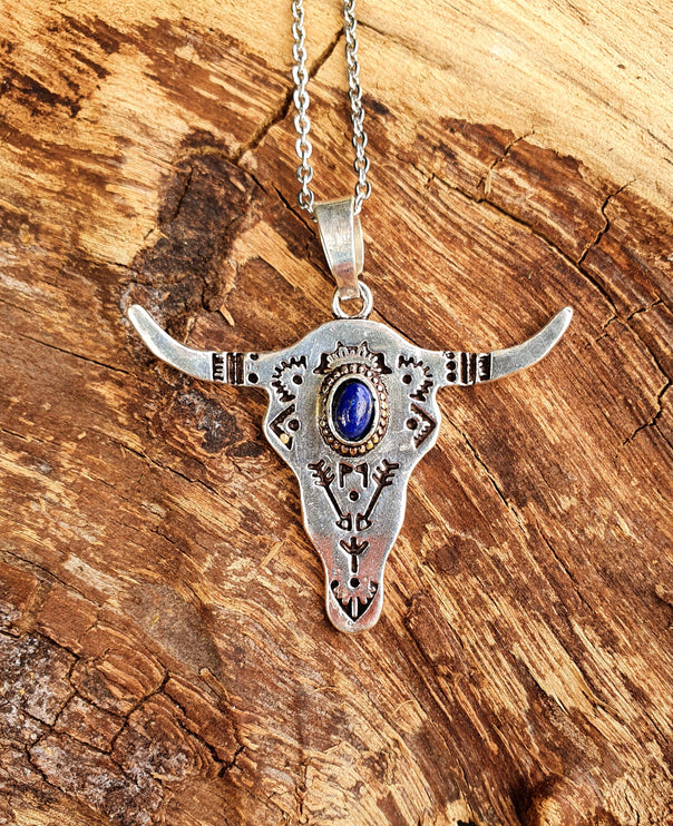 Silver Cow Necklace / Lapis Lazuli / Talisman / Native American / Third Eye / Hypoallergenic / Brass / Boho / Inca / Ethnic / Illuminati