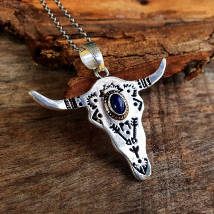 Silver Cow Necklace / Lapis Lazuli / Talisman / Native American / Third Eye / Hypoallergenic / Brass / Boho / Inca / Ethnic / Illuminati