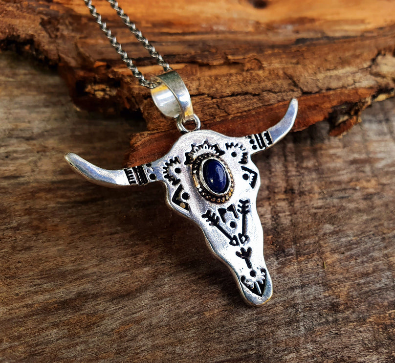 Silver Cow Necklace / Lapis Lazuli / Talisman / Native American / Third Eye / Hypoallergenic / Brass / Boho / Inca / Ethnic / Illuminati