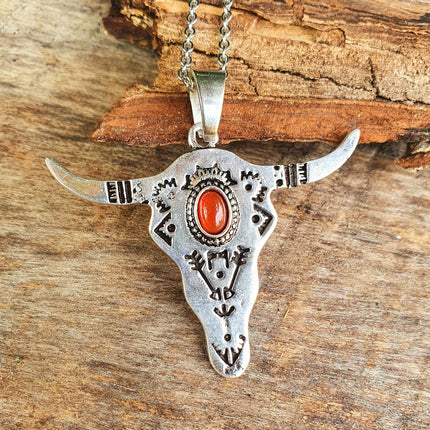 Silver Cow Necklace / Red Garnet / Talisman / Native American / Third Eye / Hypoallergenic / Brass / Boho / Inca / Ethnic / Illuminati