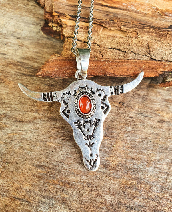 Silver Cow Necklace / Red Garnet / Talisman / Native American / Third Eye / Hypoallergenic / Brass / Boho / Inca / Ethnic / Illuminati