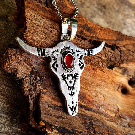 Silver Cow Necklace / Red Garnet / Talisman / Native American / Third Eye / Hypoallergenic / Brass / Boho / Inca / Ethnic / Illuminati