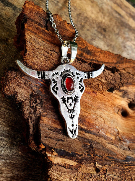 Silver Cow Necklace / Red Garnet / Talisman / Native American / Third Eye / Hypoallergenic / Brass / Boho / Inca / Ethnic / Illuminati
