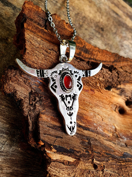 Silver Cow Necklace / Red Garnet / Talisman / Native American / Third Eye / Hypoallergenic / Brass / Boho / Inca / Ethnic / Illuminati