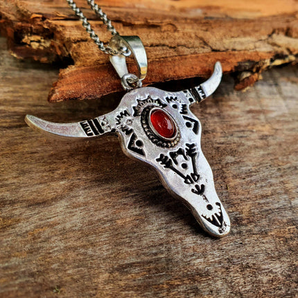 Silver Cow Necklace / Red Garnet / Talisman / Native American / Third Eye / Hypoallergenic / Brass / Boho / Inca / Ethnic / Illuminati