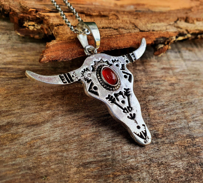 Silver Cow Necklace / Red Garnet / Talisman / Native American / Third Eye / Hypoallergenic / Brass / Boho / Inca / Ethnic / Illuminati
