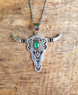 Silver Pendant Cow Necklace Green Onyx Stone, Stainless Steel Chain