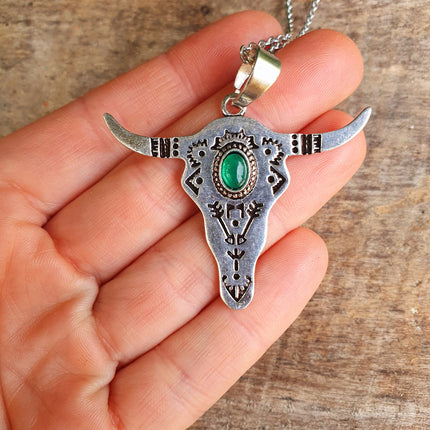 Silver Cow Necklace / Green Onyx / Talisman / Native American / Third Eye / Hypoallergenic / Brass / Boho / Inca / Ethnic / Illuminati