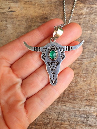 Silver Pendant Cow Necklace Green Onyx Stone, Stainless Steel Chain
