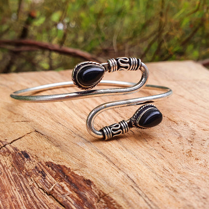 Silver Spiral Boho Black Onyx Bracelet / Bangle / Ethnic / Rustic / Bohemian / Hippie / Gypsy / Psy / Jewellery / Body / Adjustable