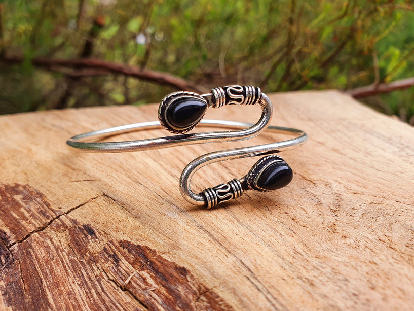 Silver Spiral Boho Black Onyx Bracelet / Bangle / Ethnic / Rustic / Bohemian / Hippie / Gypsy / Psy / Jewellery / Body / Adjustable