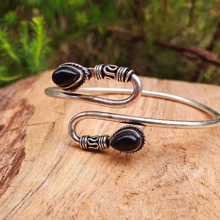 Silver Spiral Boho Black Onyx Bracelet / Bangle / Ethnic / Rustic / Bohemian / Hippie / Gypsy / Psy / Jewellery / Body / Adjustable