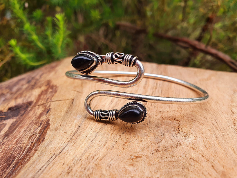 Silver Spiral Boho Black Onyx Bracelet / Bangle / Ethnic / Rustic / Bohemian / Hippie / Gypsy / Psy / Jewellery / Body / Adjustable