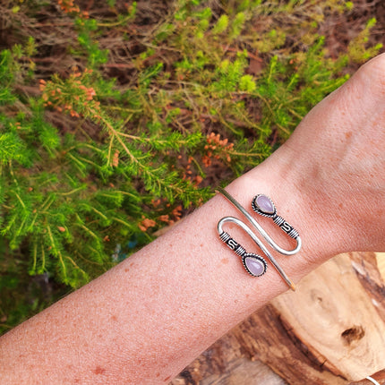 Spiral Boho Silver Bracelet / Rose Quartz / Bangle / Ethnic / Rustic / Bohemian / Hippie / Gypsy / Psy / Adjustable