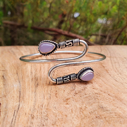 Spiral Boho Silver Bracelet / Rose Quartz / Bangle / Ethnic / Rustic / Bohemian / Hippie / Gypsy / Psy / Adjustable