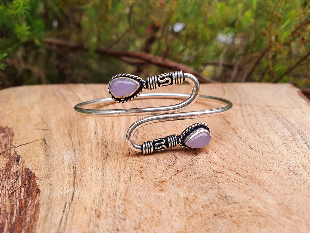 Spiral Boho Silver Bracelet / Rose Quartz / Bangle / Ethnic / Rustic / Bohemian / Hippie / Gypsy / Psy / Adjustable