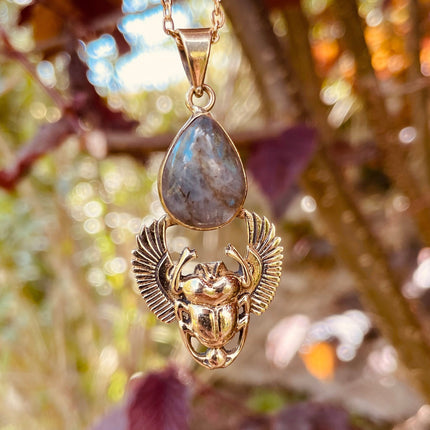 Golden Scarab Labradorite Necklace / Talisman / Third Eye / Hypoallergenic / Brass / Boho / Inca / Ethnic / Illuminati