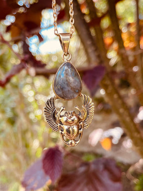 Golden Scarab Labradorite Necklace / Talisman / Third Eye / Hypoallergenic / Brass / Boho / Inca / Ethnic / Illuminati