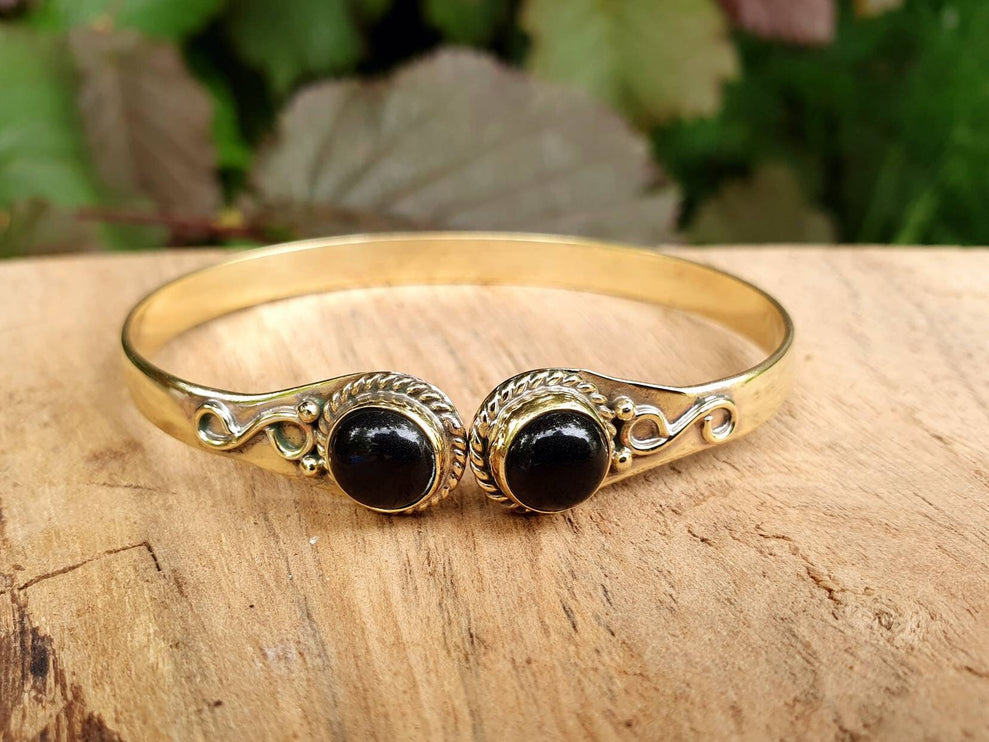 Black Onyx Bracelet Gold Bangle / Brass / Ethnic / Rustic / Bohemian / Hippie / Gypsy / Psy / Chic / Jewellery / Body / Adjustable