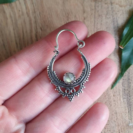 Small Boho Hoops Labradorite Silver Earrings / Triangle / Mandala / Ethnic / Rustic / Yoga / Hippie / Gypsy / Psy / Bohemian / Festival