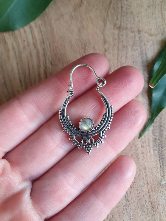 Small Boho Hoops Labradorite Silver Earrings / Triangle / Mandala / Ethnic / Rustic / Yoga / Hippie / Gypsy / Psy / Bohemian / Festival